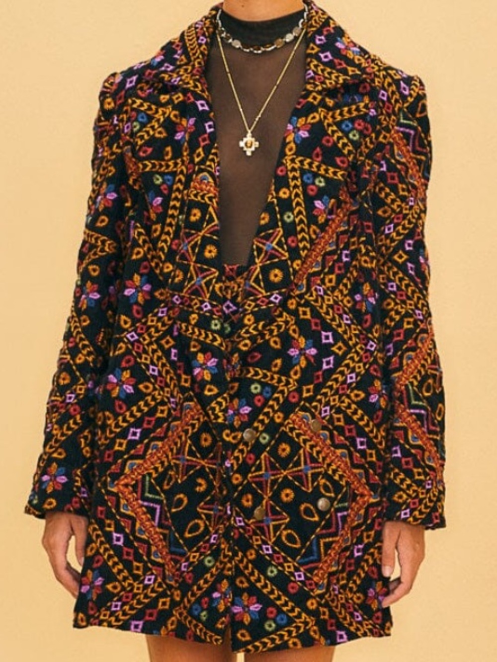 New Farm Rio Embroidered Corduroy Arsty Art to Wear Long Blazer Jacket NWOT xs